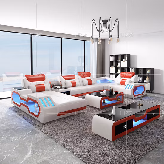 Sala de estar seccional moderna europea, muebles para el hogar, sofá de cuero genuino en forma de U con luces LED