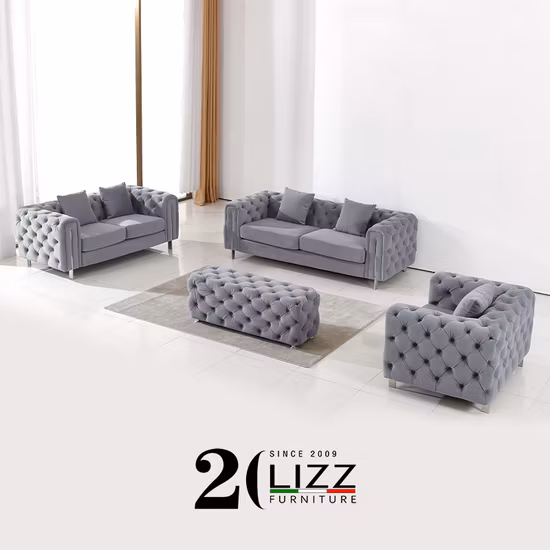 Sofá moderno de lujo de los muebles del sofá de Dubai Sofá de la tela del terciopelo de la sala de estar de Chesterfield