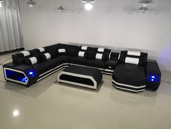 Sofá seccional de cuero genuino de ocio de diseño europeo moderno LED funcional